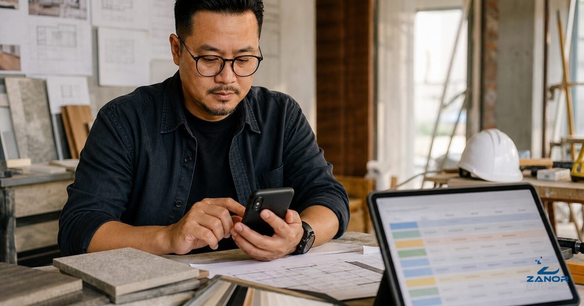 Malaysian renovation contractor checking WhatsApp enquiries on a phone next to a laptop showing a lead list