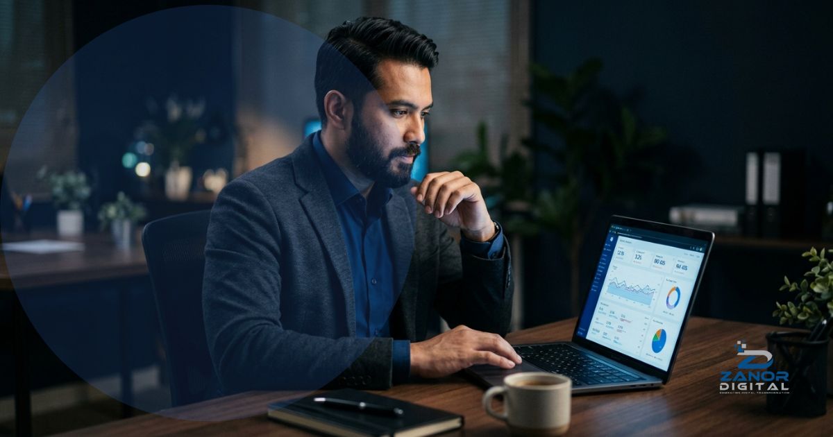 Malaysian business owner reviewing SEO analysis results on a laptop at a desk