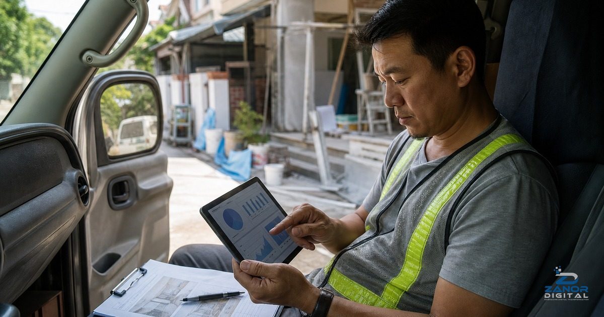 Malaysian renovation contractor reviewing a Google Ads proposal on a tablet at a job site