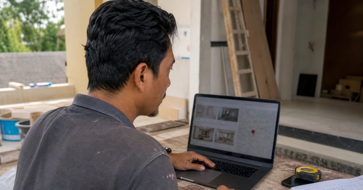 Renovation contractor updating their Google Business Profile on a laptop with project photos