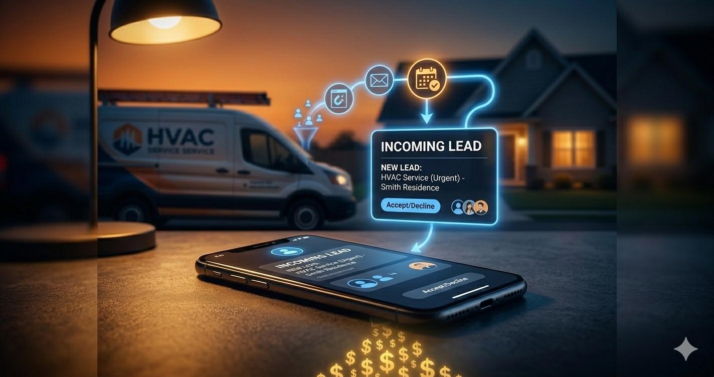 HVAC technician's work phone showing an incoming lead notification at dusk