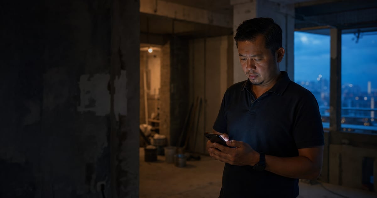 Malaysian renovation contractor checking a WhatsApp enquiry on a job site at dusk