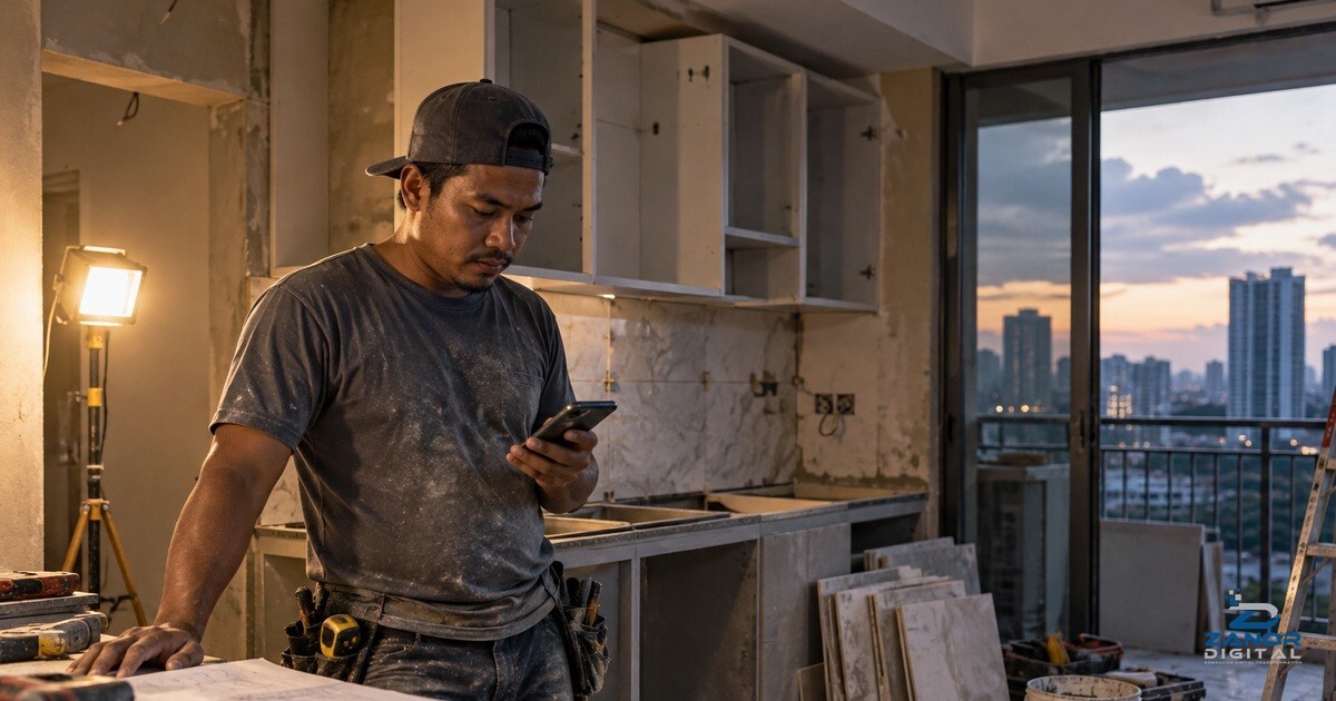 Renovation contractor on a Malaysian job site replying to a new WhatsApp enquiry on a phone