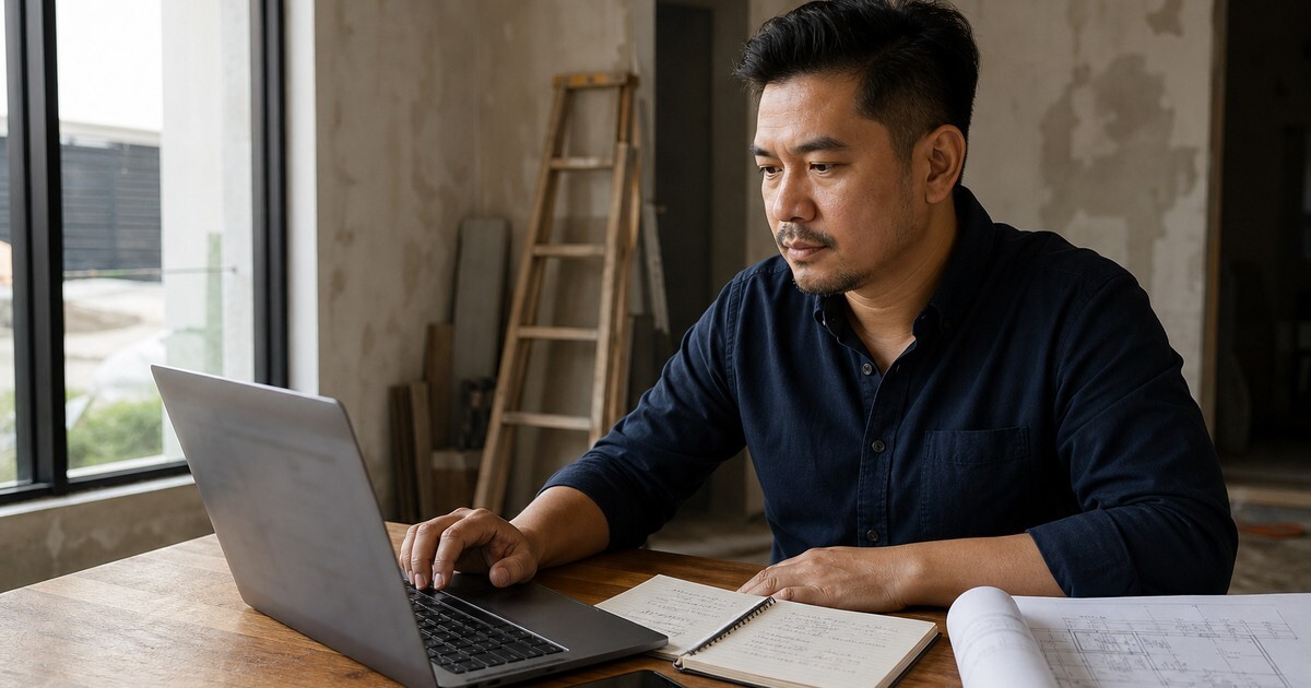 Malaysian renovation contractor tracking enquiries through to booked site visits on a laptop