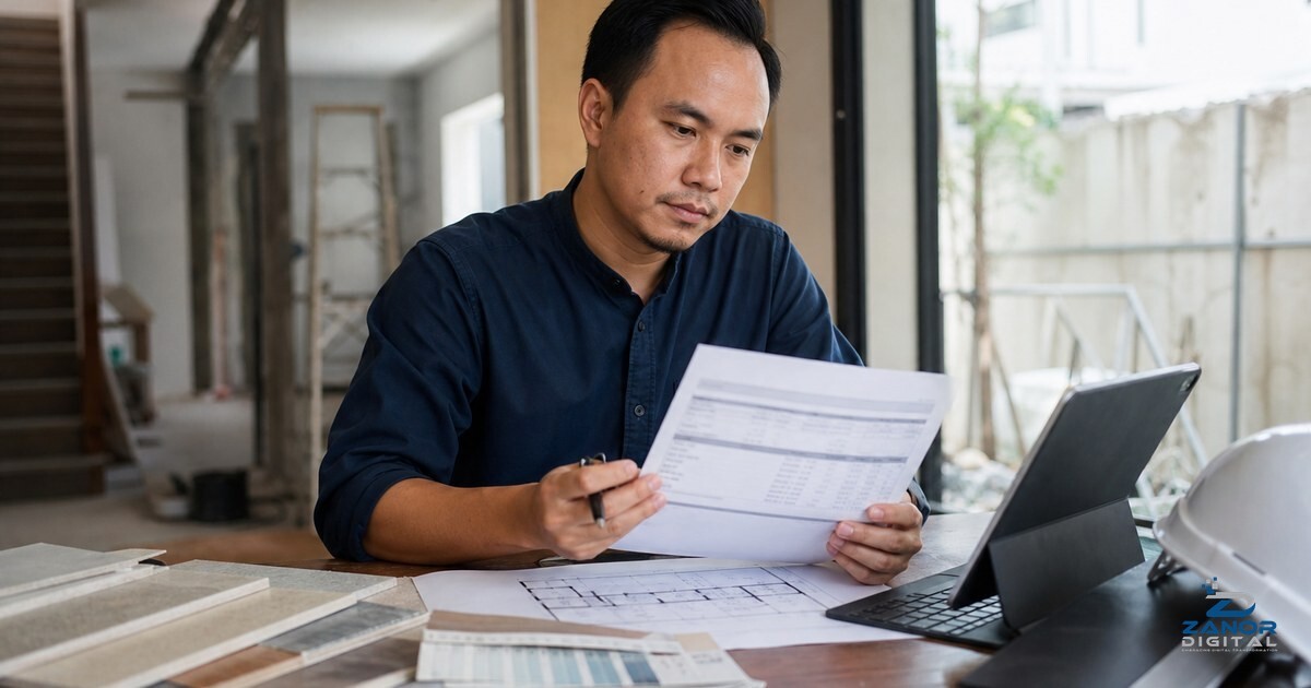Malaysian renovation contractor reviewing an SEO pricing proposal on a laptop at a job site