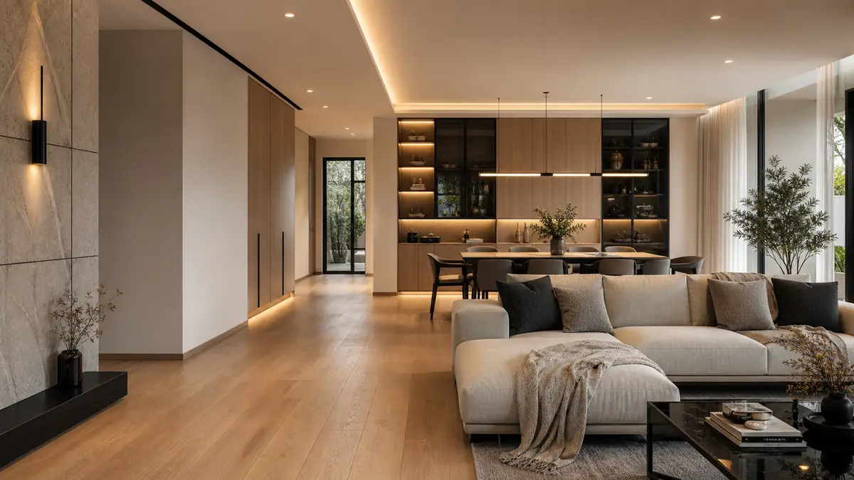 Completed modern residential renovation with built-in cabinetry and warm interior finishes