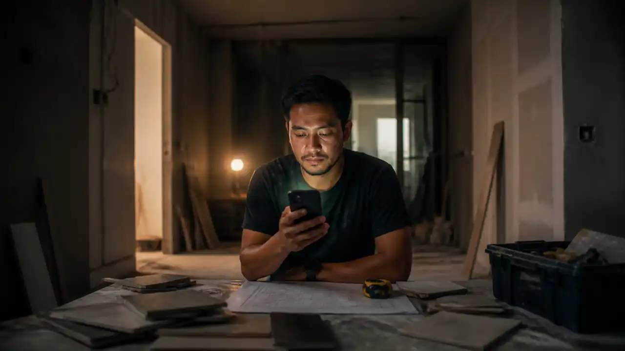 Malaysian renovation contractor reviewing a new WhatsApp enquiry on a project site