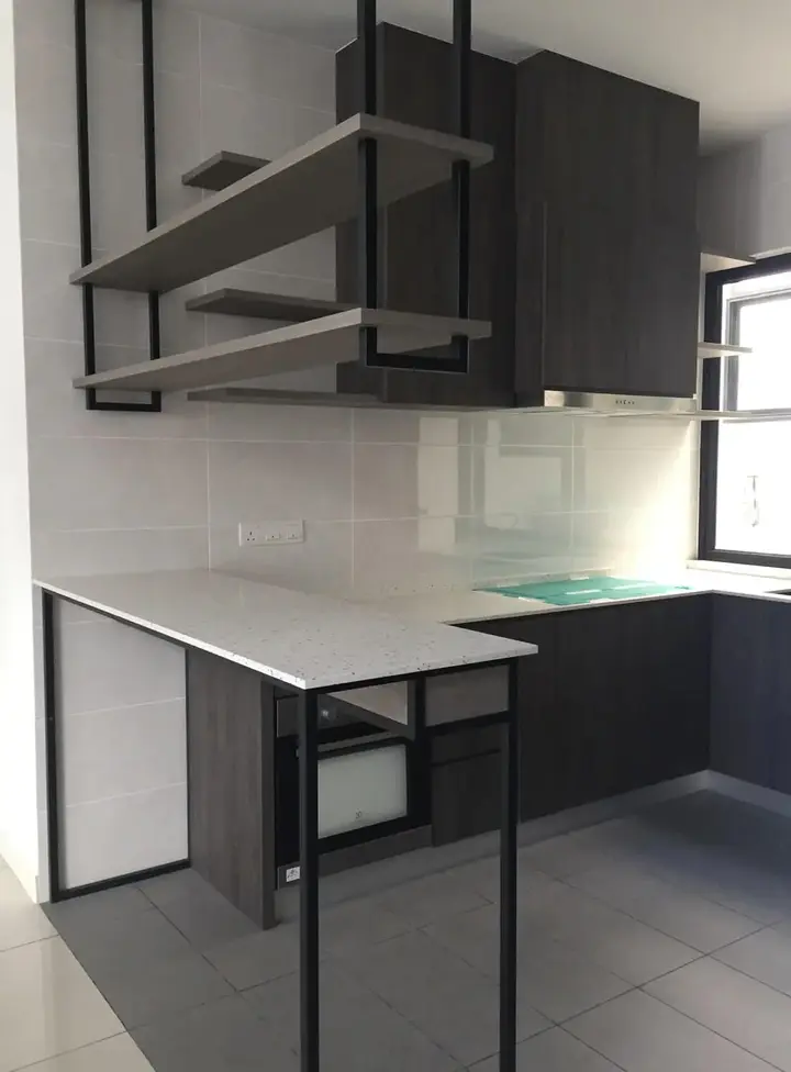 Condo kitchen with custom cabinetry and metal shelving in Sierra 6, Puchong