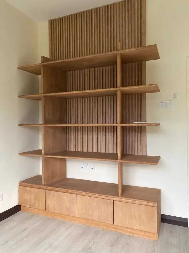 Built-in timber shelving in a Sri Murni condominium, Kuala Lumpur