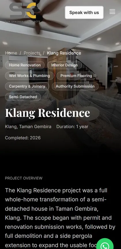 The Klang Residence project page on the Sun Synergy Contracts website, shown on a phone